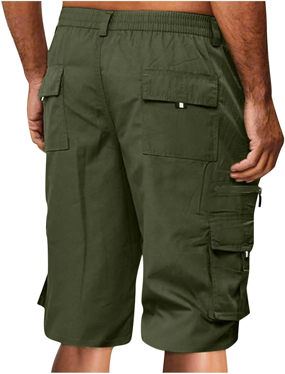 Cargo Shorts for Men Casual Fashion Solid Color Short with Multi-Pocket Elastic Waist Zipper Hiking Pants Outfits