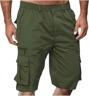 Cargo Shorts for Men Casual Fashion Solid Color Short with Multi-Pocket Elastic Waist Zipper Hiking Pants Outfits