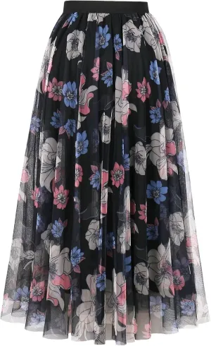 ChicVibes Women's Long Tulle Casual Boho Floral Printed Elastic High Waist Maxi Skirts