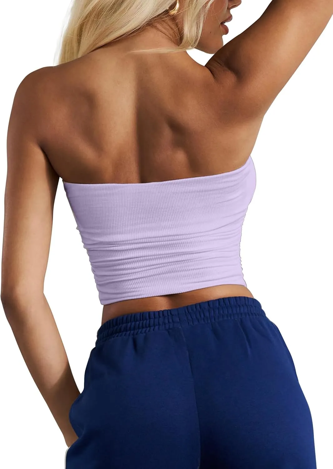 CSDAJIO Women's Casual Ruched Side Strapless Crop Tube Top Ribbed Knit Bandeau Top Summer Skinny Shirt