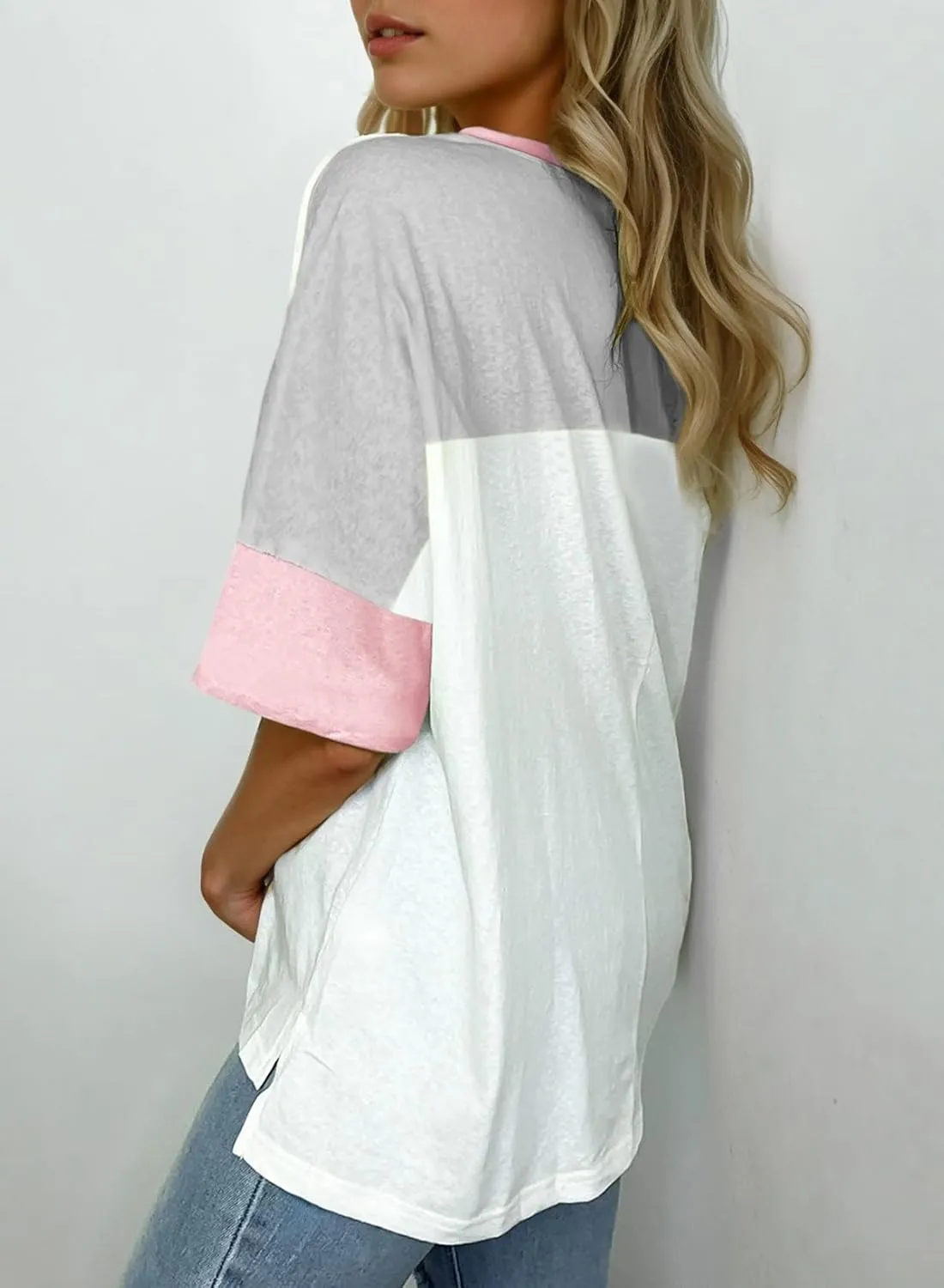 Dokotoo Womens Tops Oversized Trendy Shirts 2025 Summer Color Block Crewneck Business Casual Womens Blouses S-2XL