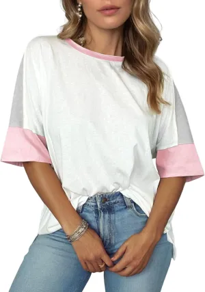 Dokotoo Womens Tops Oversized Trendy Shirts 2025 Summer Color Block Crewneck Business Casual Womens Blouses S-2XL