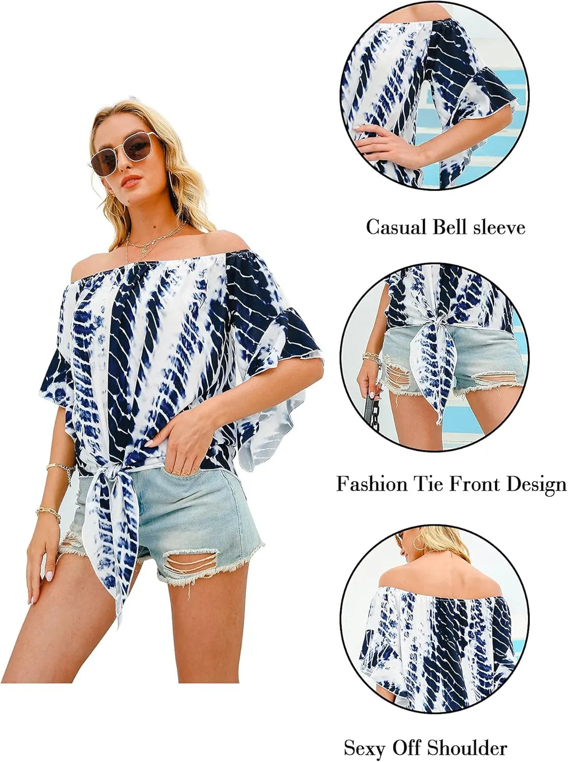 Hibluco Womens Off Shoulder Tops Sexy Floral Print Crop Tops Summer Blouses T-Shirt