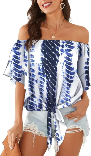 Hibluco Womens Off Shoulder Tops Sexy Floral Print Crop Tops Summer Blouses T-Shirt