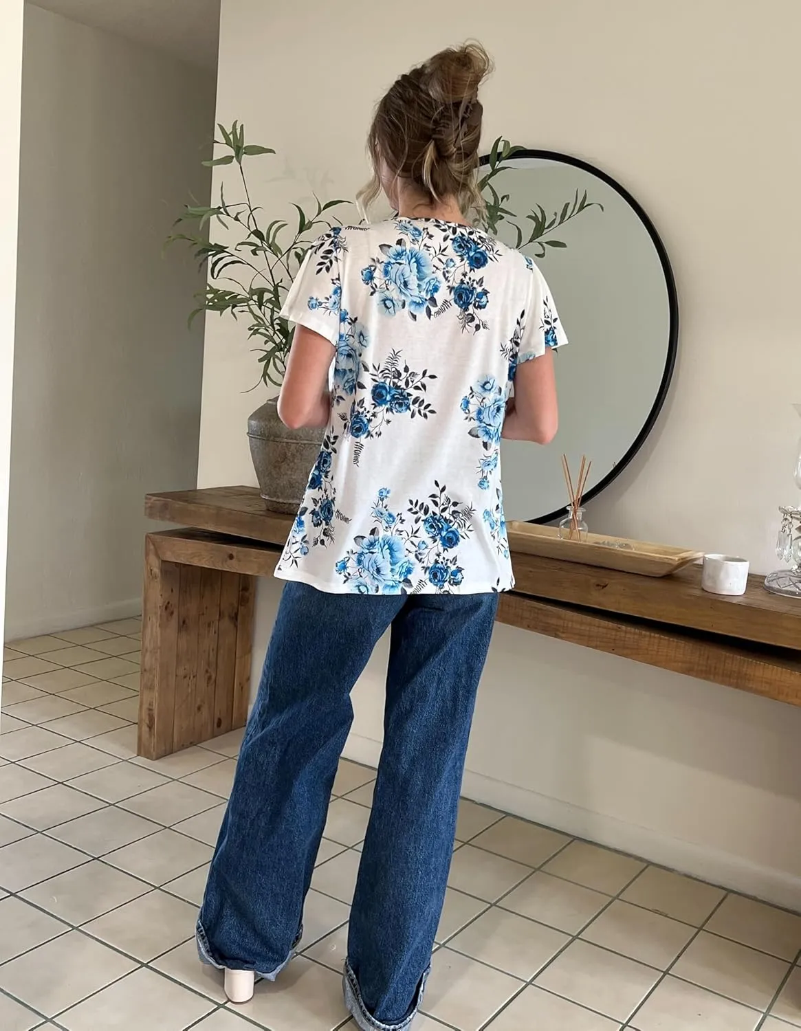 HOTOUCH Womens Ruffle Sleeve Tunic Tops Pleated V Neck Loose Fit Short Sleeve Shirts Summer Floral Casual Boho Blouses