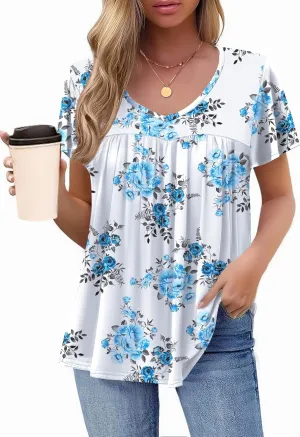 HOTOUCH Womens Ruffle Sleeve Tunic Tops Pleated V Neck Loose Fit Short Sleeve Shirts Summer Floral Casual Boho Blouses