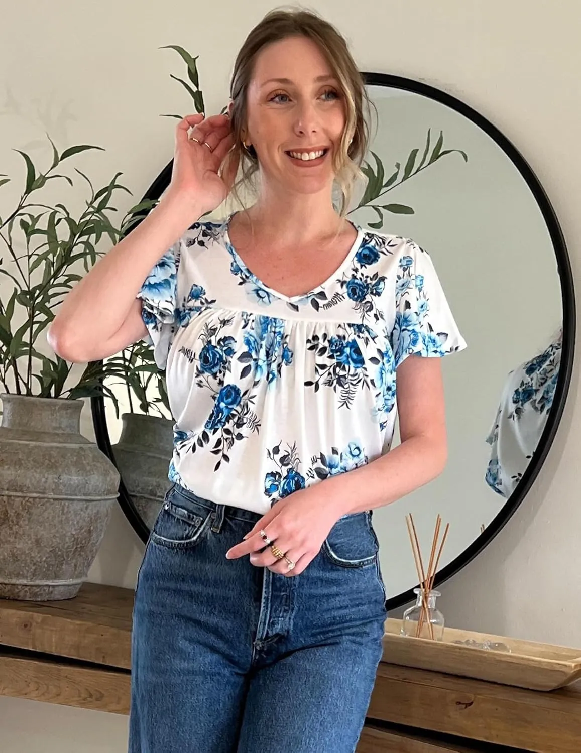 HOTOUCH Womens Ruffle Sleeve Tunic Tops Pleated V Neck Loose Fit Short Sleeve Shirts Summer Floral Casual Boho Blouses