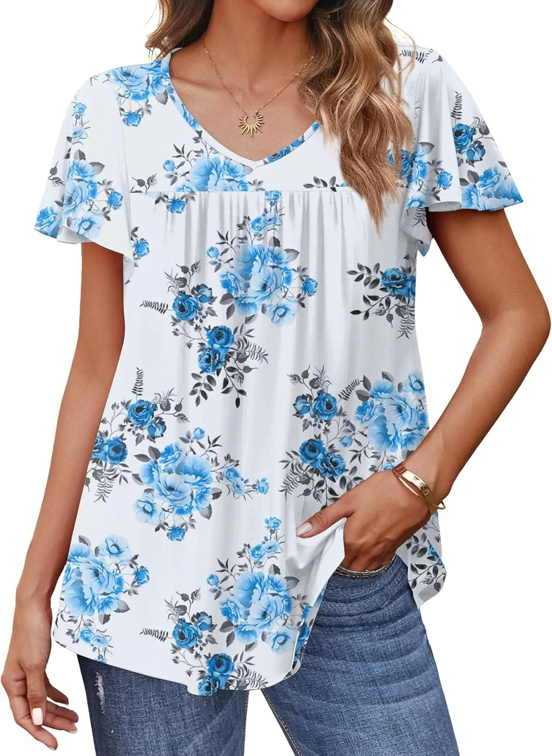 HOTOUCH Womens Ruffle Sleeve Tunic Tops Pleated V Neck Loose Fit Short Sleeve Shirts Summer Floral Casual Boho Blouses