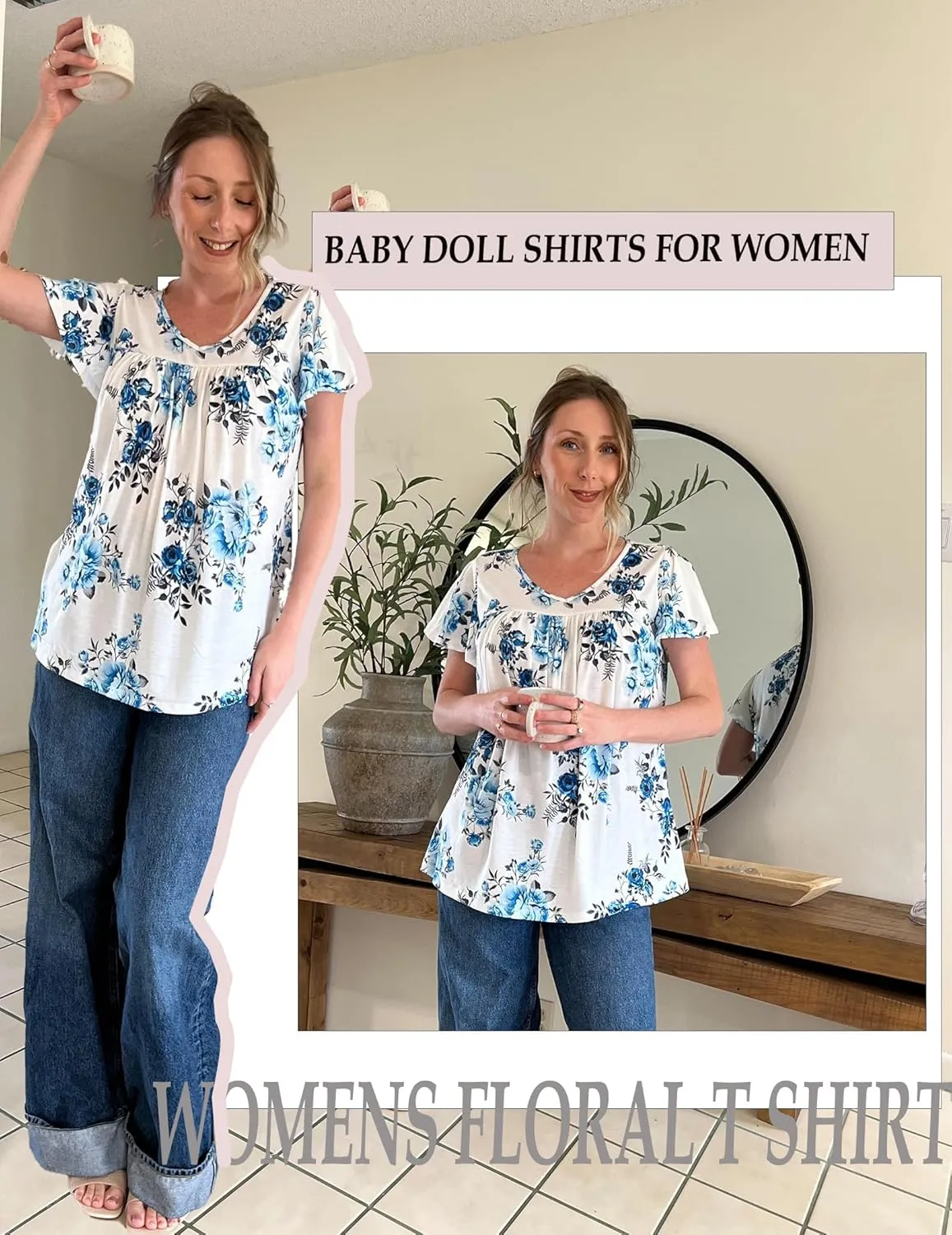 HOTOUCH Womens Ruffle Sleeve Tunic Tops Pleated V Neck Loose Fit Short Sleeve Shirts Summer Floral Casual Boho Blouses