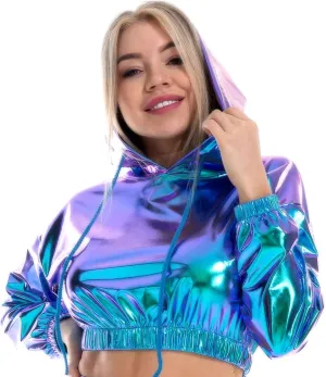 IMEKIS Women's Shiny Crop Top Hoodie Metallic Rave Casual Long Sleeve Hooded Pullover Workout Sweatshirt Disco Dance Clubwear
