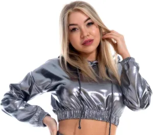 IMEKIS Women's Shiny Crop Top Hoodie Metallic Rave Casual Long Sleeve Hooded Pullover Workout Sweatshirt Disco Dance Clubwear