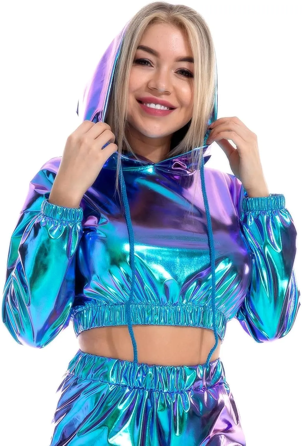 IMEKIS Women's Shiny Crop Top Hoodie Metallic Rave Casual Long Sleeve Hooded Pullover Workout Sweatshirt Disco Dance Clubwear