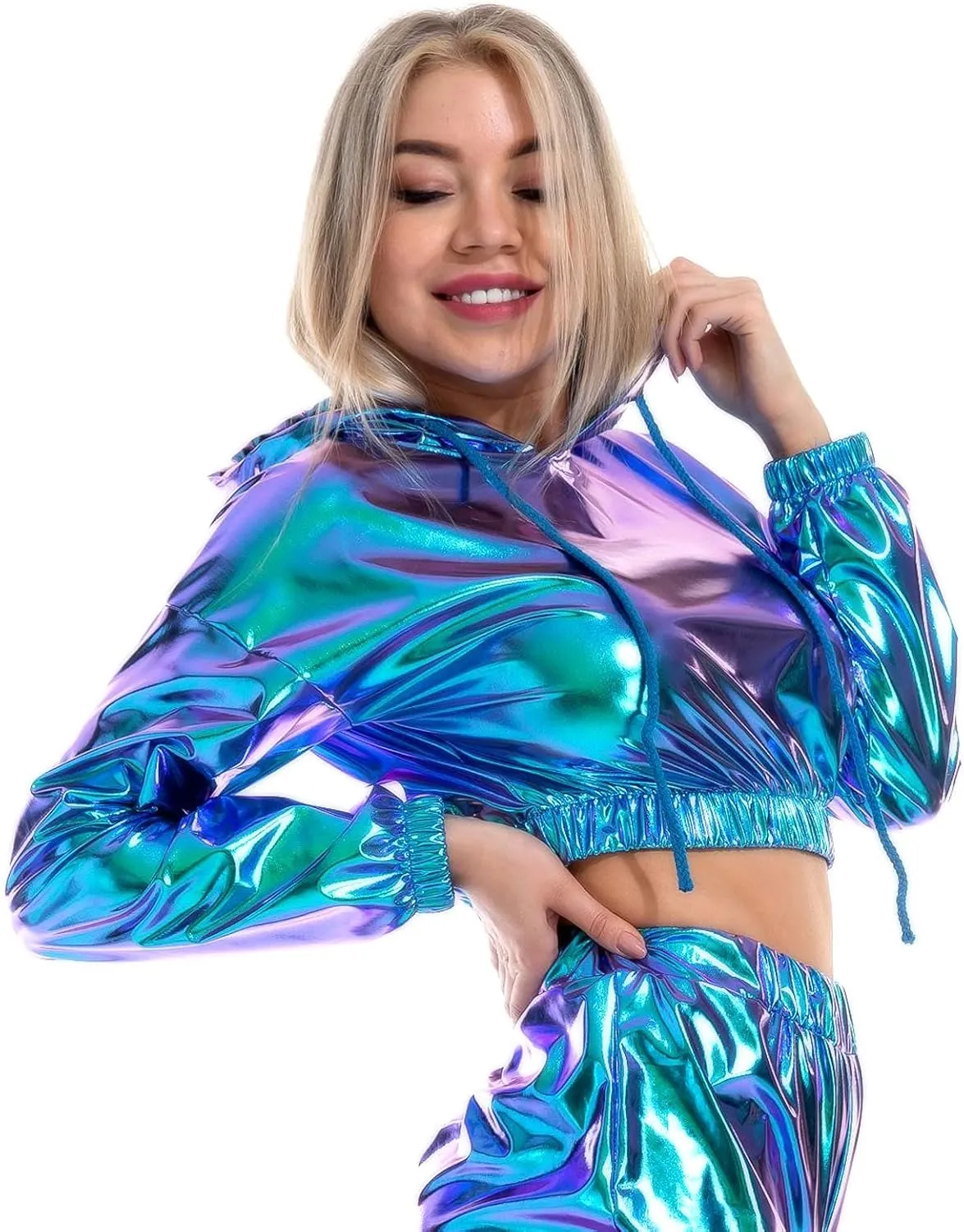 IMEKIS Women's Shiny Crop Top Hoodie Metallic Rave Casual Long Sleeve Hooded Pullover Workout Sweatshirt Disco Dance Clubwear