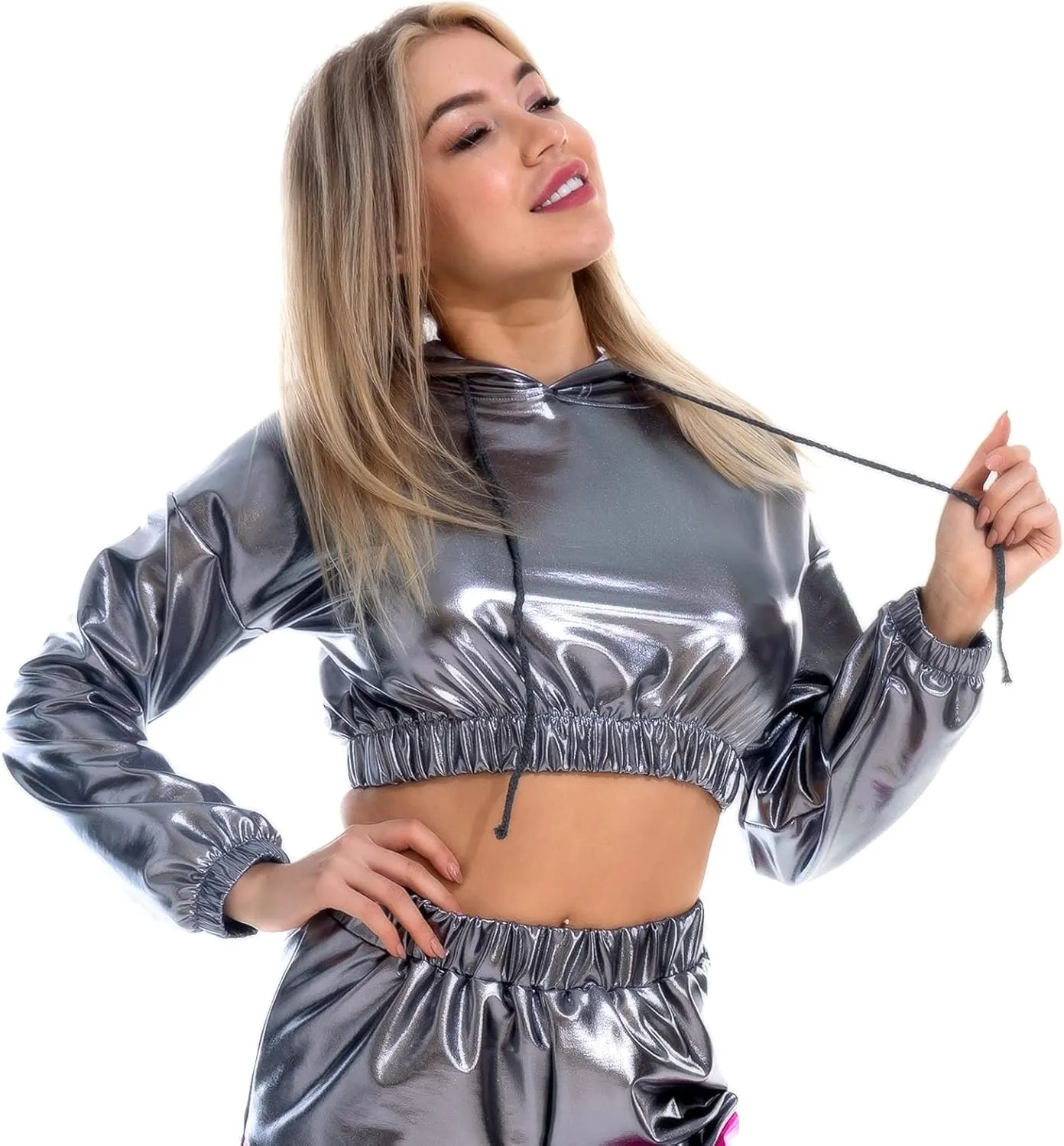 IMEKIS Women's Shiny Crop Top Hoodie Metallic Rave Casual Long Sleeve Hooded Pullover Workout Sweatshirt Disco Dance Clubwear