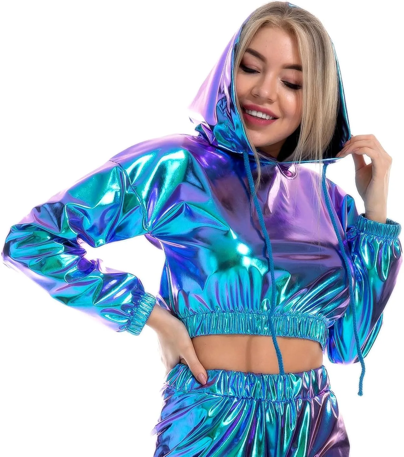 IMEKIS Women's Shiny Crop Top Hoodie Metallic Rave Casual Long Sleeve Hooded Pullover Workout Sweatshirt Disco Dance Clubwear