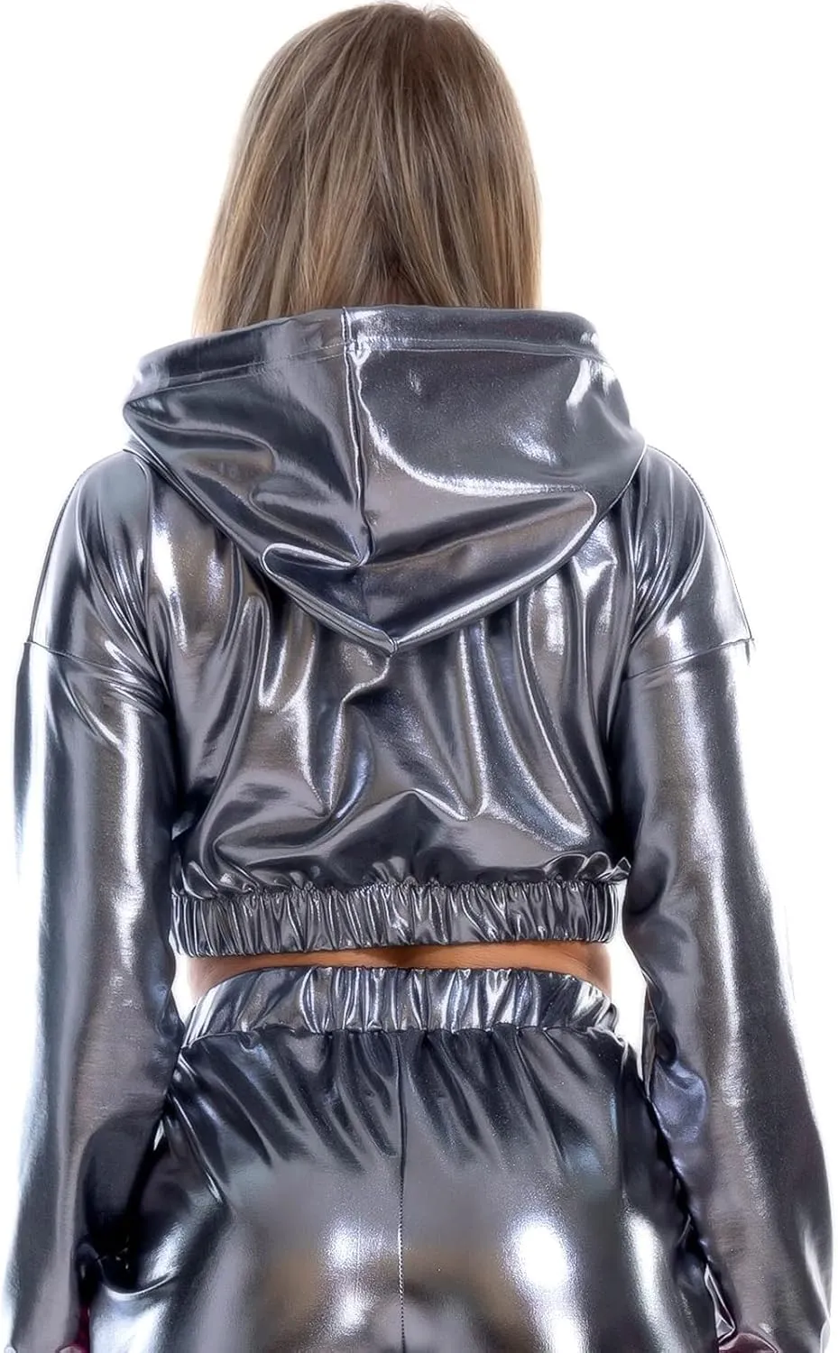 IMEKIS Women's Shiny Crop Top Hoodie Metallic Rave Casual Long Sleeve Hooded Pullover Workout Sweatshirt Disco Dance Clubwear