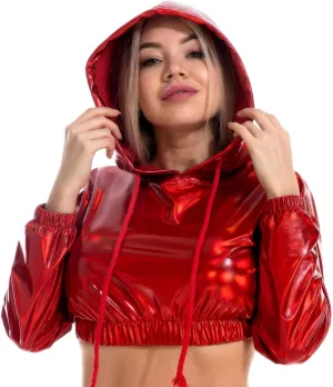 IMEKIS Women's Shiny Crop Top Hoodie Metallic Rave Casual Long Sleeve Hooded Pullover Workout Sweatshirt Disco Dance Clubwear
