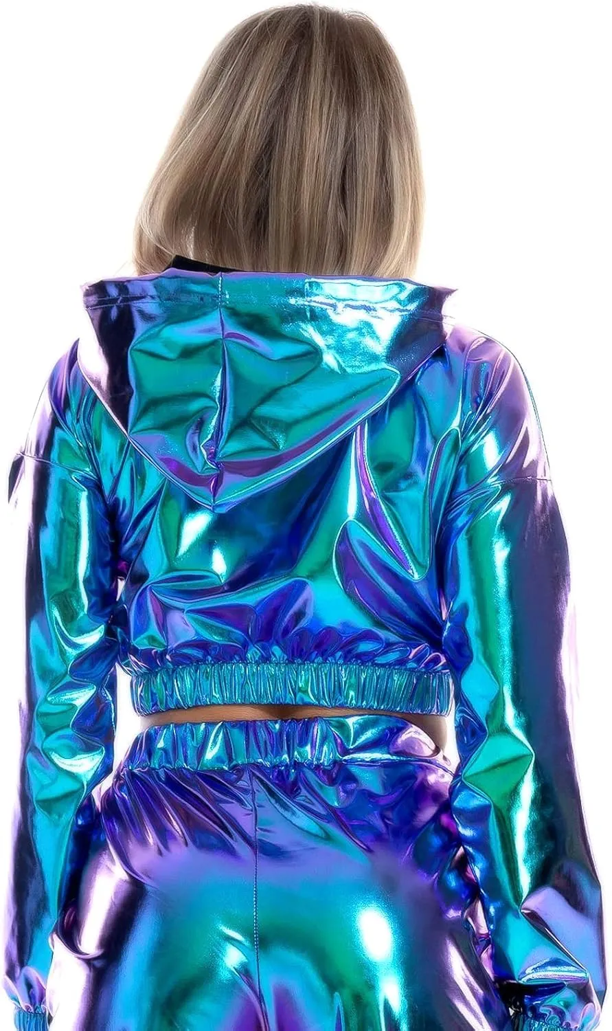 IMEKIS Women's Shiny Crop Top Hoodie Metallic Rave Casual Long Sleeve Hooded Pullover Workout Sweatshirt Disco Dance Clubwear