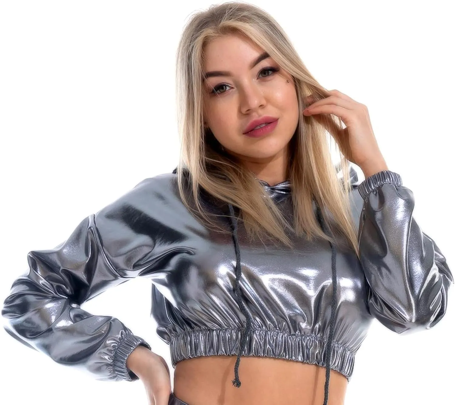 IMEKIS Women's Shiny Crop Top Hoodie Metallic Rave Casual Long Sleeve Hooded Pullover Workout Sweatshirt Disco Dance Clubwear