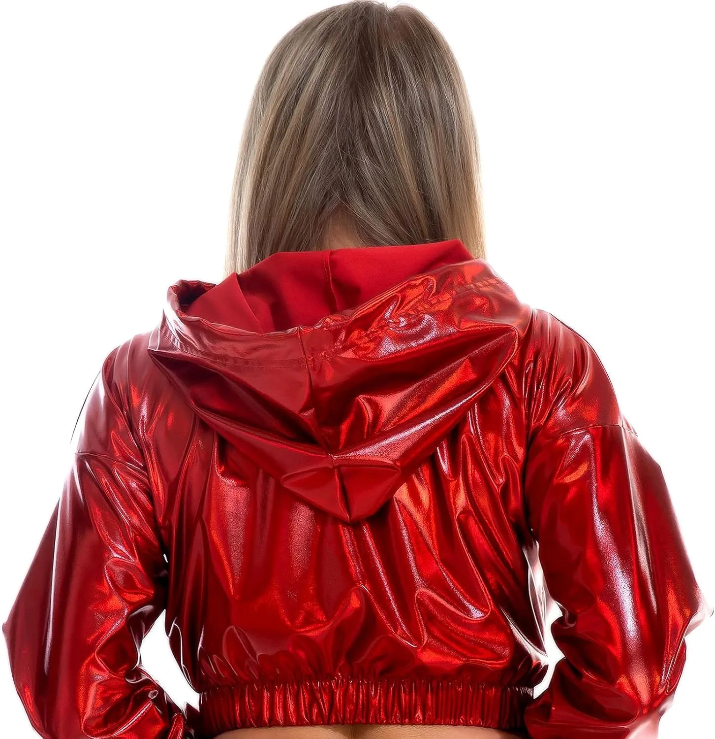 IMEKIS Women's Shiny Crop Top Hoodie Metallic Rave Casual Long Sleeve Hooded Pullover Workout Sweatshirt Disco Dance Clubwear