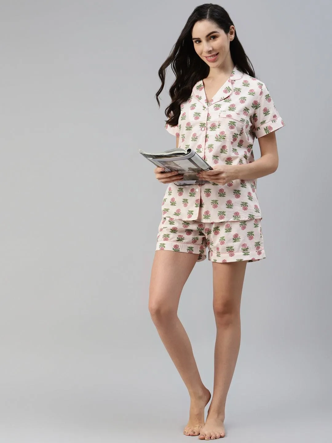 Jashvi  Baby pink Cotton Floral Print Night Suit