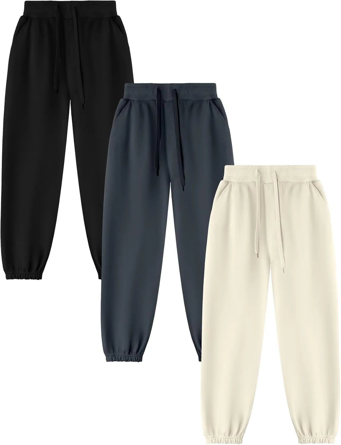 Kissonic 3 Pack Boys Girls Sweatpants Active Joggers Kids Elastic Waist Athletic Jogger Pants with Pockets Drawstring