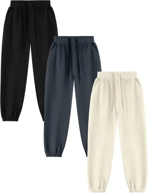 Kissonic 3 Pack Boys Girls Sweatpants Active Joggers Kids Elastic Waist Athletic Jogger Pants with Pockets Drawstring