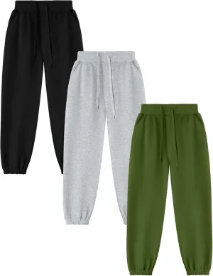 Kissonic 3 Pack Boys Girls Sweatpants Active Joggers Kids Elastic Waist Athletic Jogger Pants with Pockets Drawstring