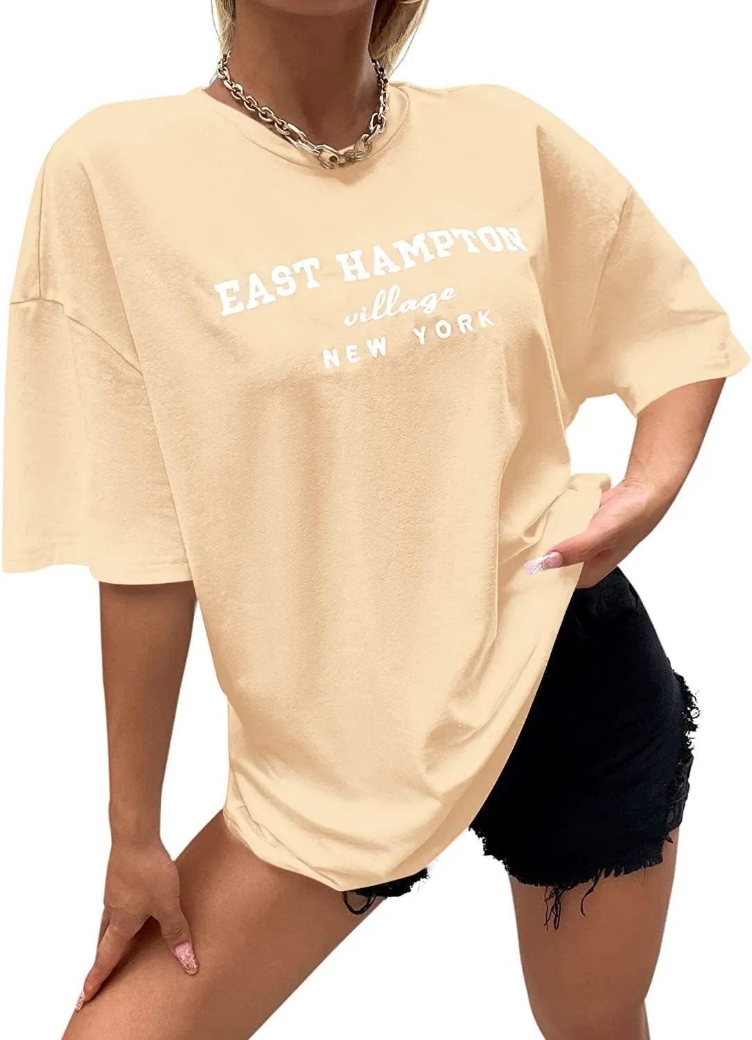 Lauweion Women Drop Shoulder East Hampton Letter T-Shirt Oversized Graphic Baggy Trendy Tee Shirt Top