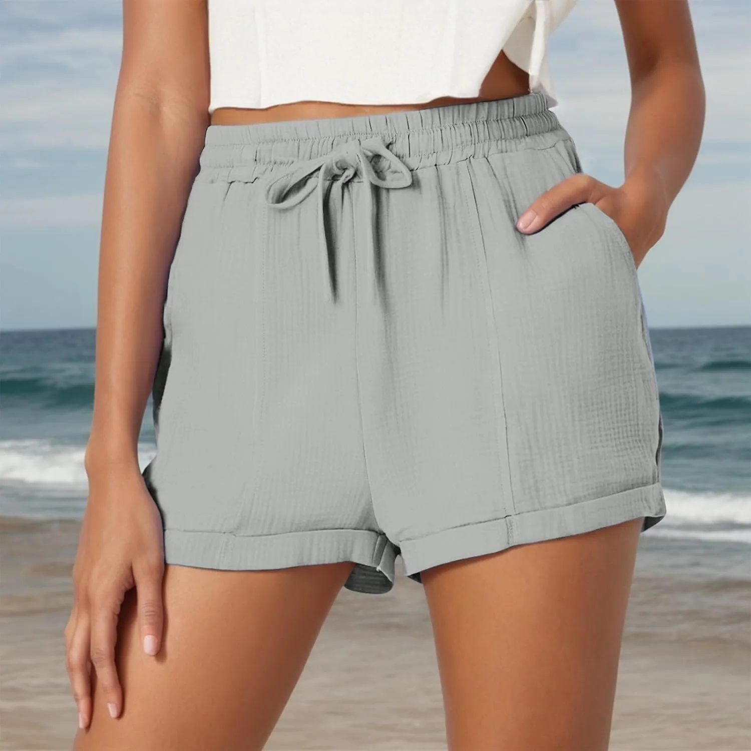 Linen Shorts for Women 2025 Summer Casual Shorts Comfy Elastic High Waisted Drawstring Beach Shorts Pajama Pants with Pockets