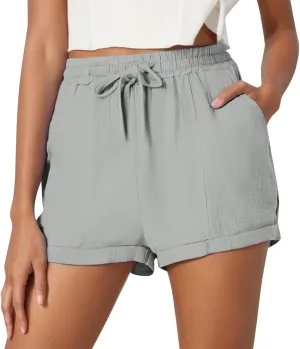 Linen Shorts for Women 2025 Summer Casual Shorts Comfy Elastic High Waisted Drawstring Beach Shorts Pajama Pants with Pockets