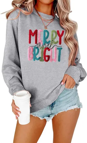 Merry Christmas Sweatshirts Women Merry And Bright Christmas Pullover Top Chenille Patch Letter Printed Xmas Gifts Top