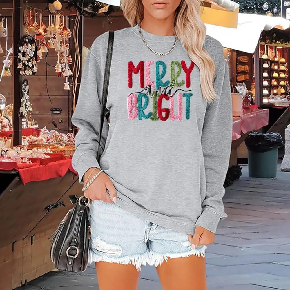 Merry Christmas Sweatshirts Women Merry And Bright Christmas Pullover Top Chenille Patch Letter Printed Xmas Gifts Top