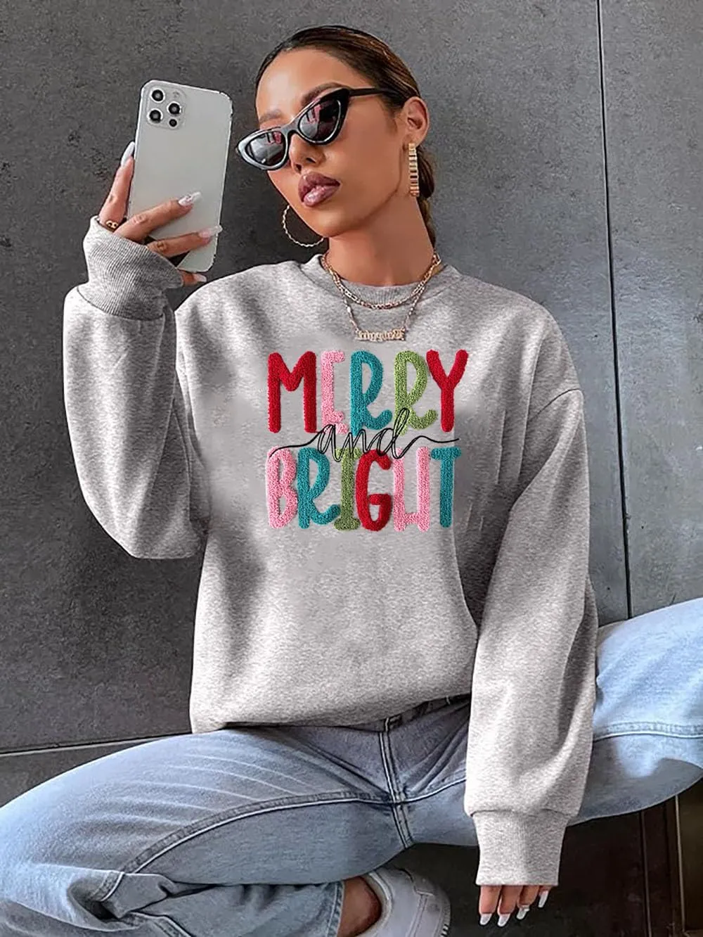 Merry Christmas Sweatshirts Women Merry And Bright Christmas Pullover Top Chenille Patch Letter Printed Xmas Gifts Top