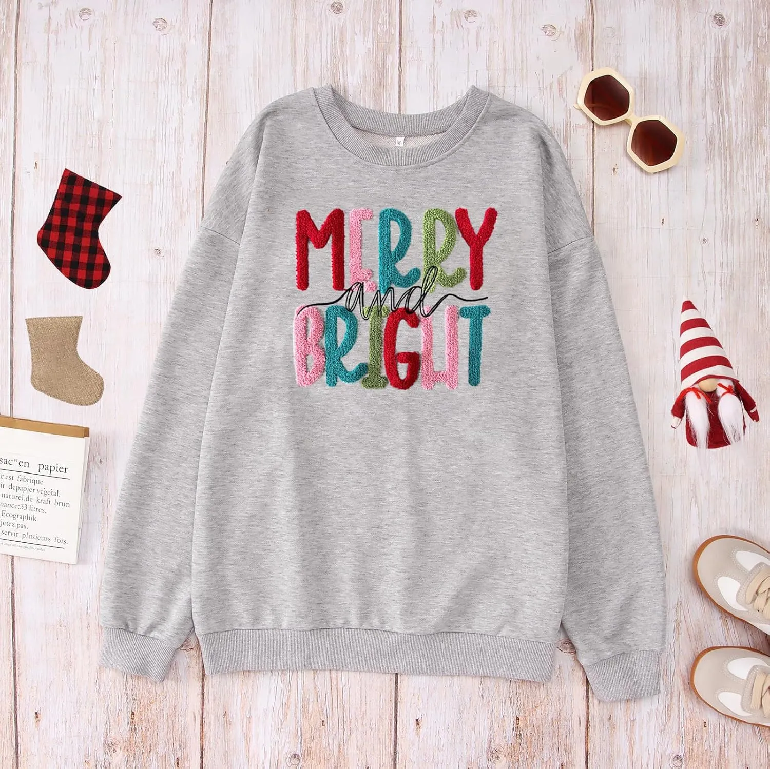 Merry Christmas Sweatshirts Women Merry And Bright Christmas Pullover Top Chenille Patch Letter Printed Xmas Gifts Top