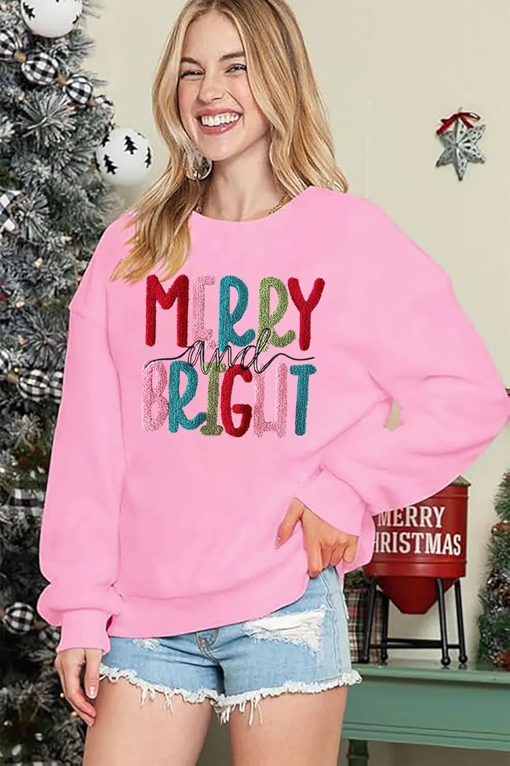 Merry Christmas Sweatshirts Women Merry And Bright Christmas Pullover Top Chenille Patch Letter Printed Xmas Gifts Top