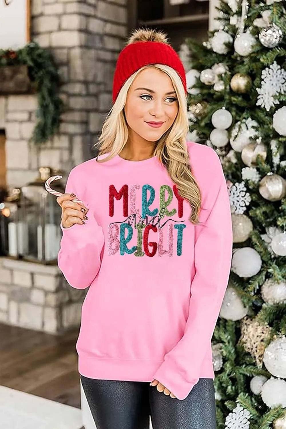 Merry Christmas Sweatshirts Women Merry And Bright Christmas Pullover Top Chenille Patch Letter Printed Xmas Gifts Top