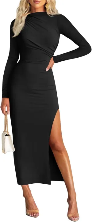 MIROL Women's 2025 Bodycon Maxi Dress Mock Neck Side Slit Fall Long Sleeve Ruched Long Dress