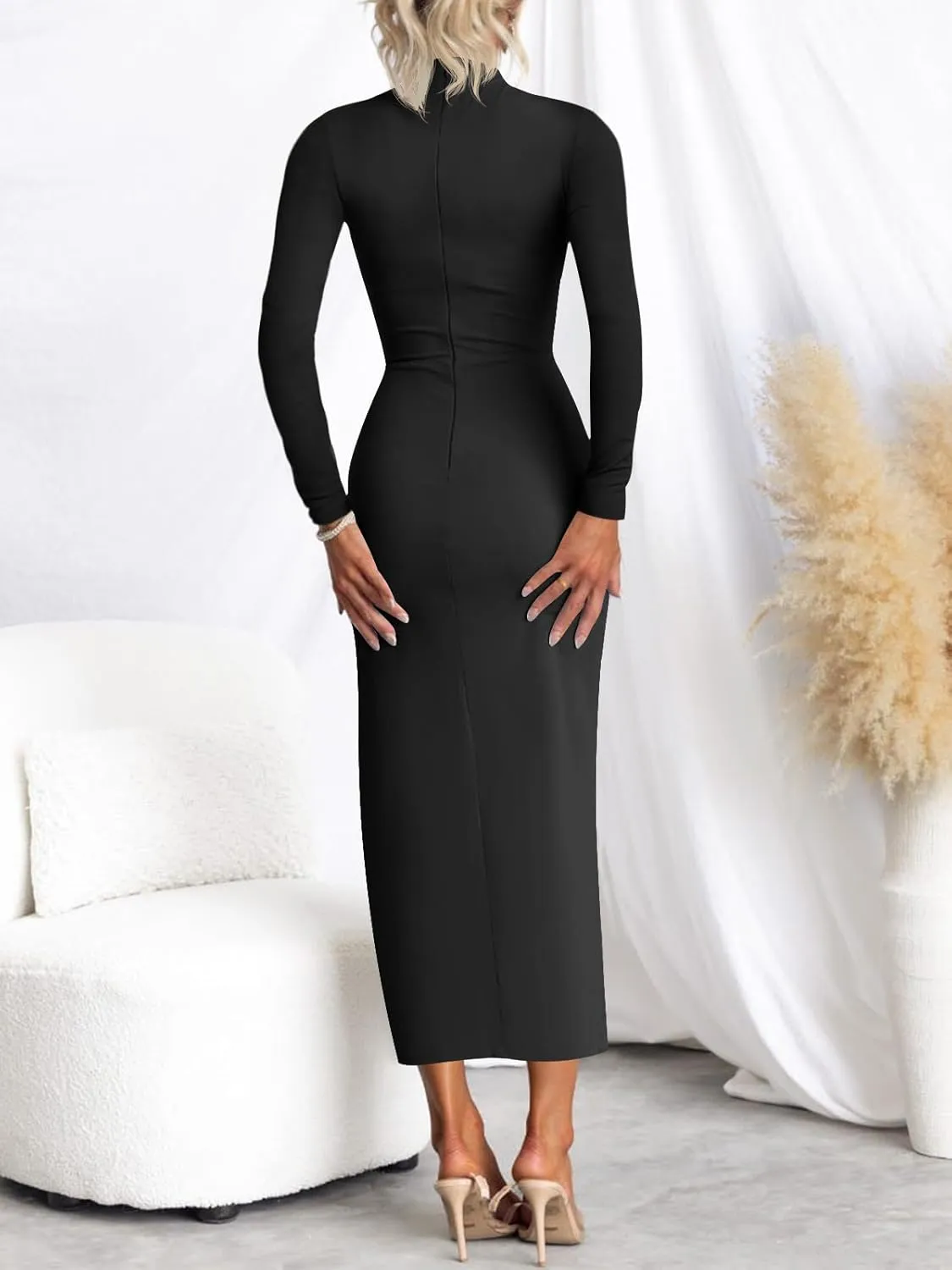 MIROL Women's 2025 Bodycon Maxi Dress Mock Neck Side Slit Fall Long Sleeve Ruched Long Dress