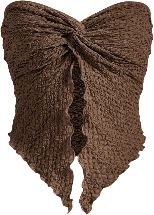 MISSACTIVER Women Twist Knot Front Texture Bandeau Top Sexy Strapless Sleeveless Split Hem Lettuce Trim Tube Crop Top Corset