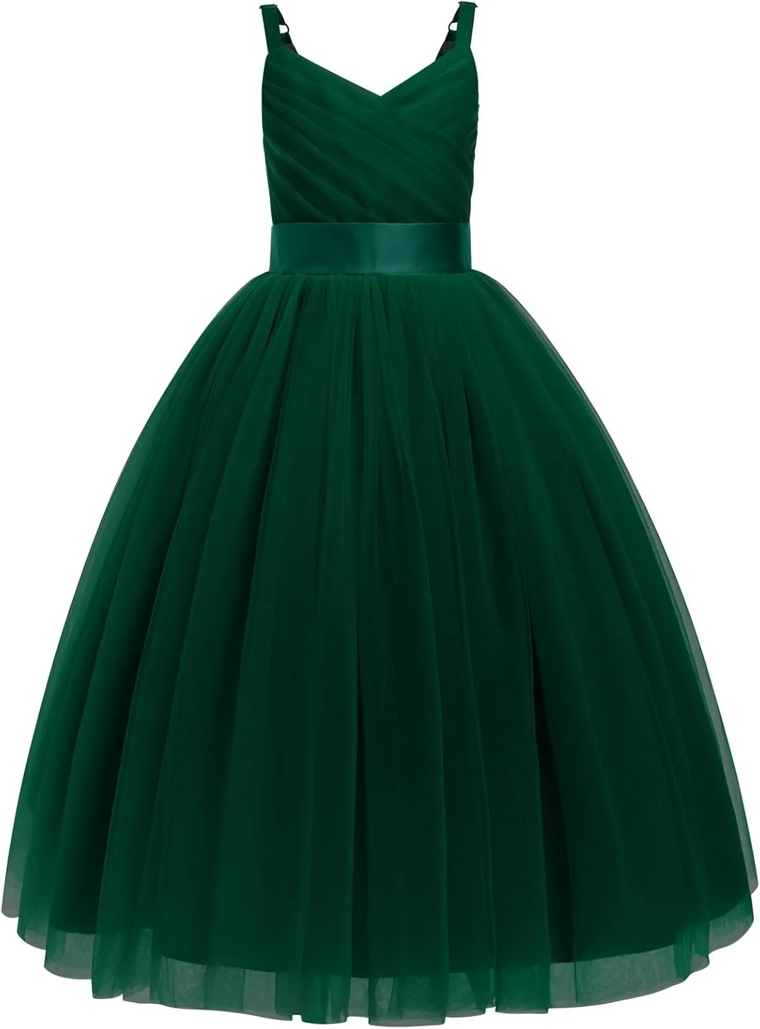 OBEEII Flower Girl Dress for Wedding Pleated V Neck Satin Tulle Princess Dress Junior Bridesmaids Pageant Formal Ball Gown