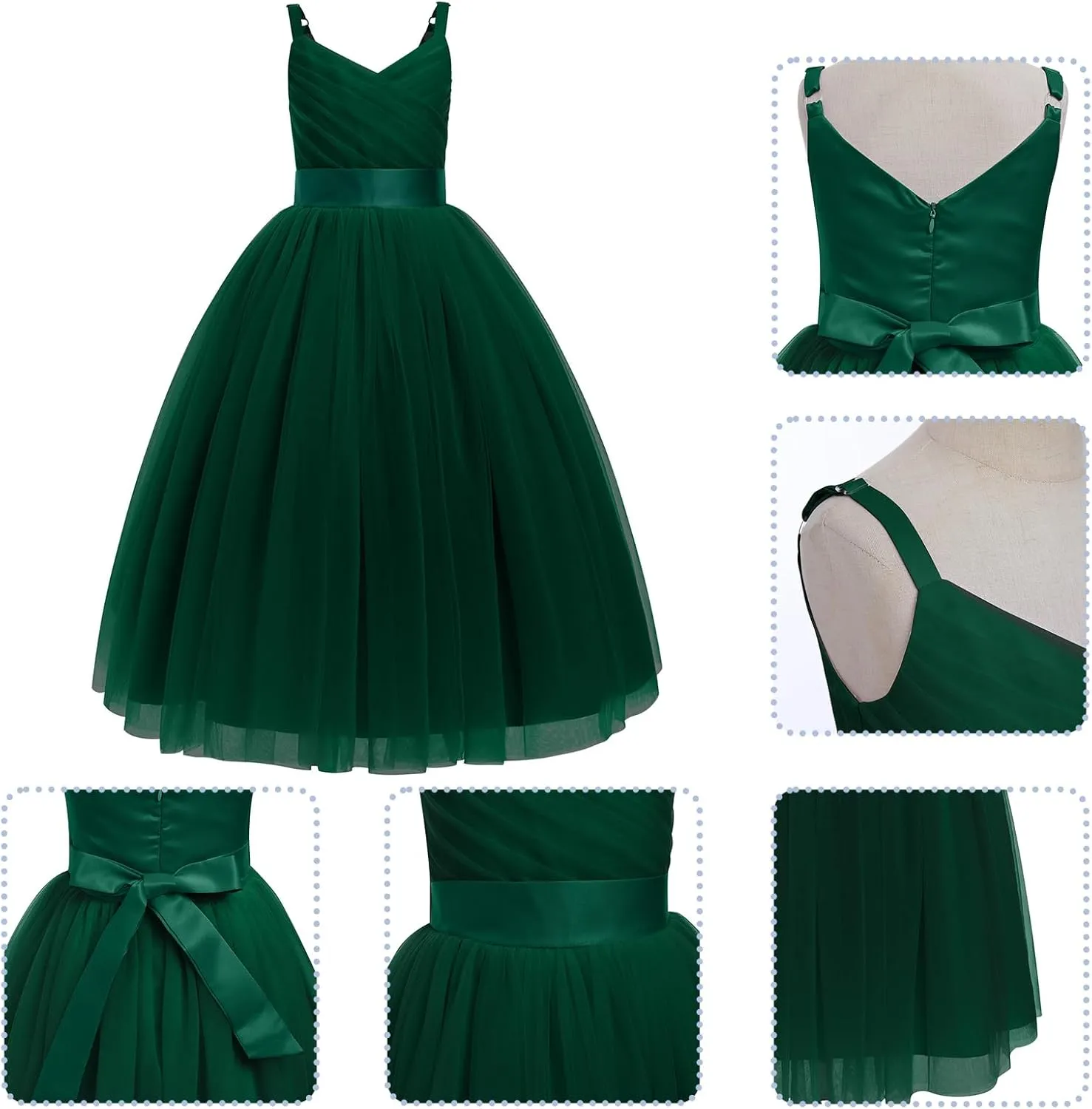 OBEEII Flower Girl Dress for Wedding Pleated V Neck Satin Tulle Princess Dress Junior Bridesmaids Pageant Formal Ball Gown