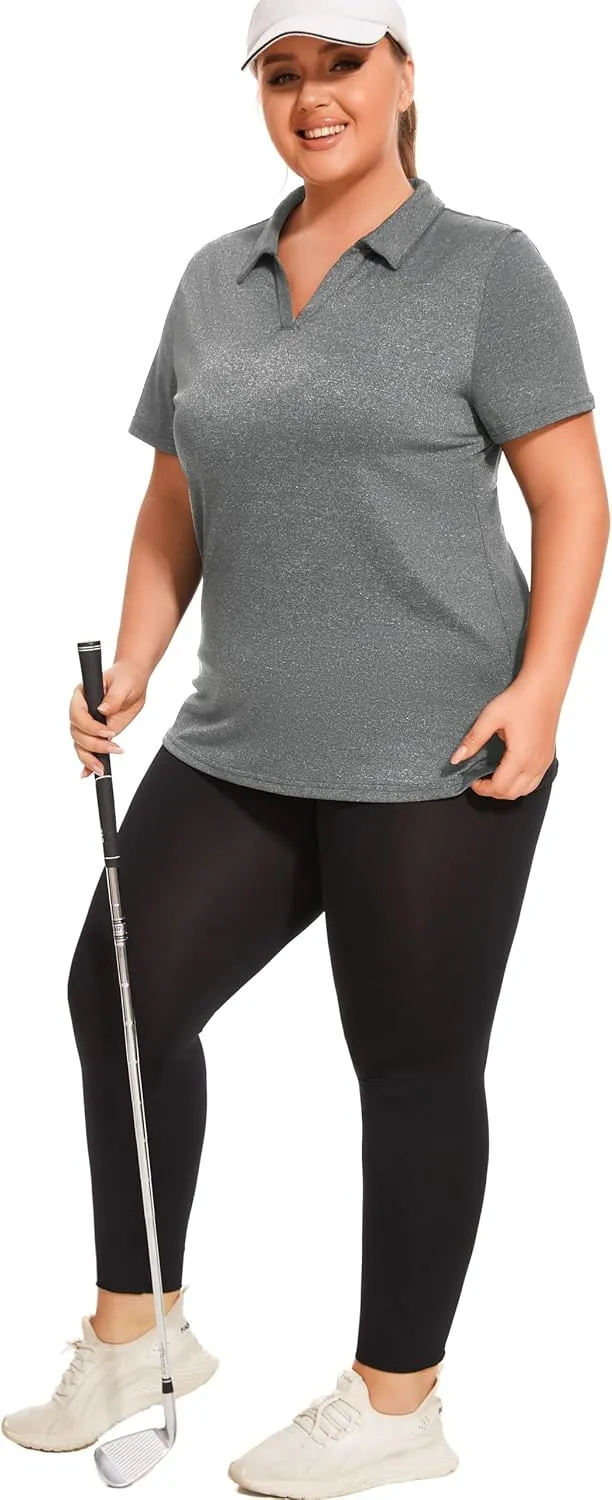Plus Size Polo Shirts for Women Short Sleeve Golf Shirts V Neck Loose Fit Tennis Shirts Quick-Drying Workout Tops