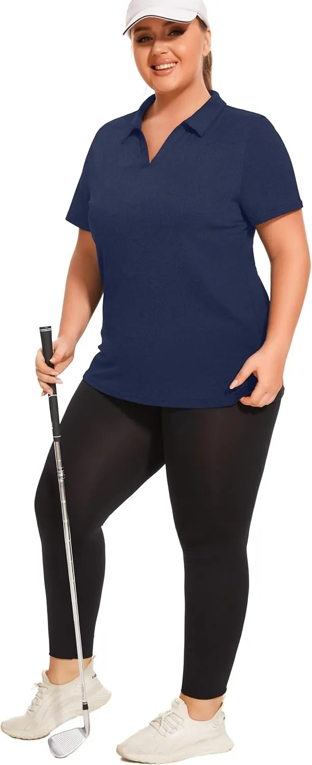 Plus Size Polo Shirts for Women Short Sleeve Golf Shirts V Neck Loose Fit Tennis Shirts Quick-Drying Workout Tops