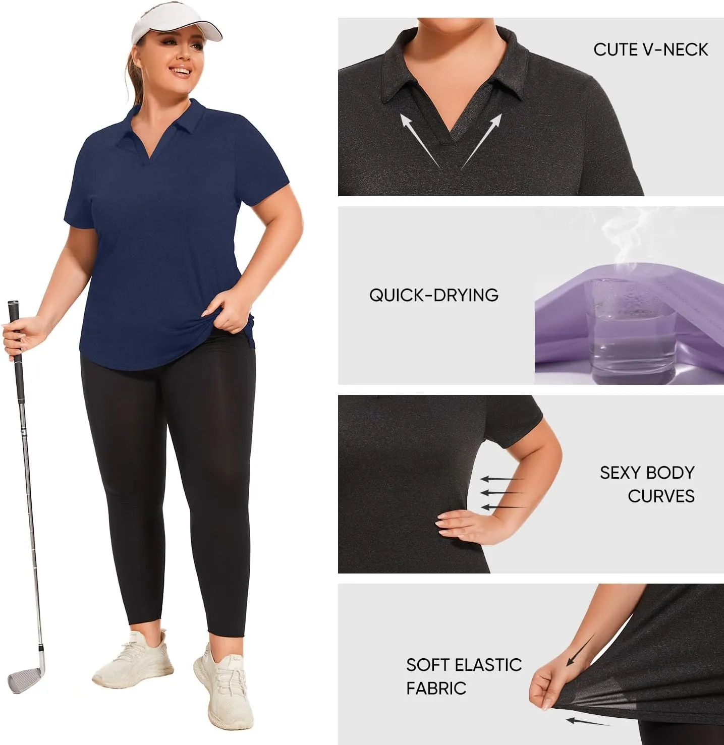 Plus Size Polo Shirts for Women Short Sleeve Golf Shirts V Neck Loose Fit Tennis Shirts Quick-Drying Workout Tops