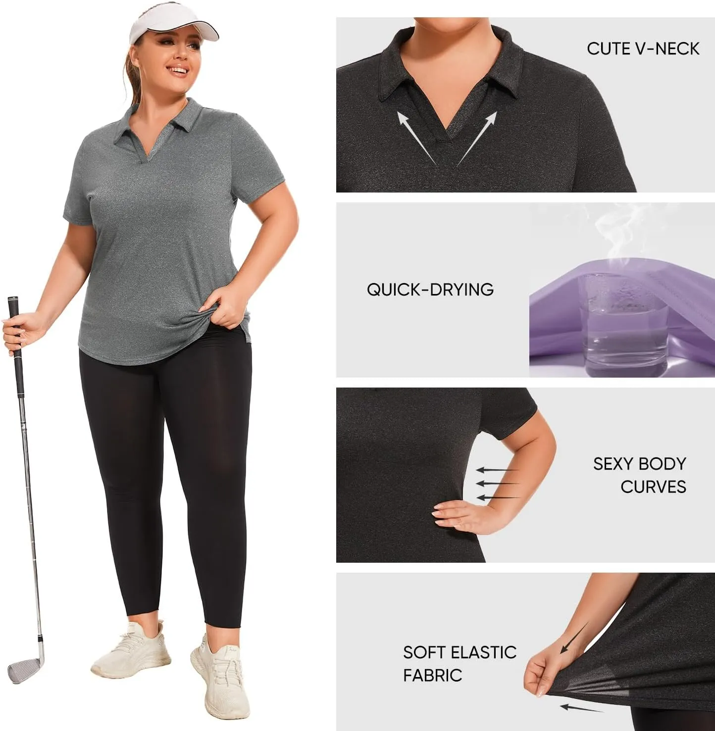 Plus Size Polo Shirts for Women Short Sleeve Golf Shirts V Neck Loose Fit Tennis Shirts Quick-Drying Workout Tops