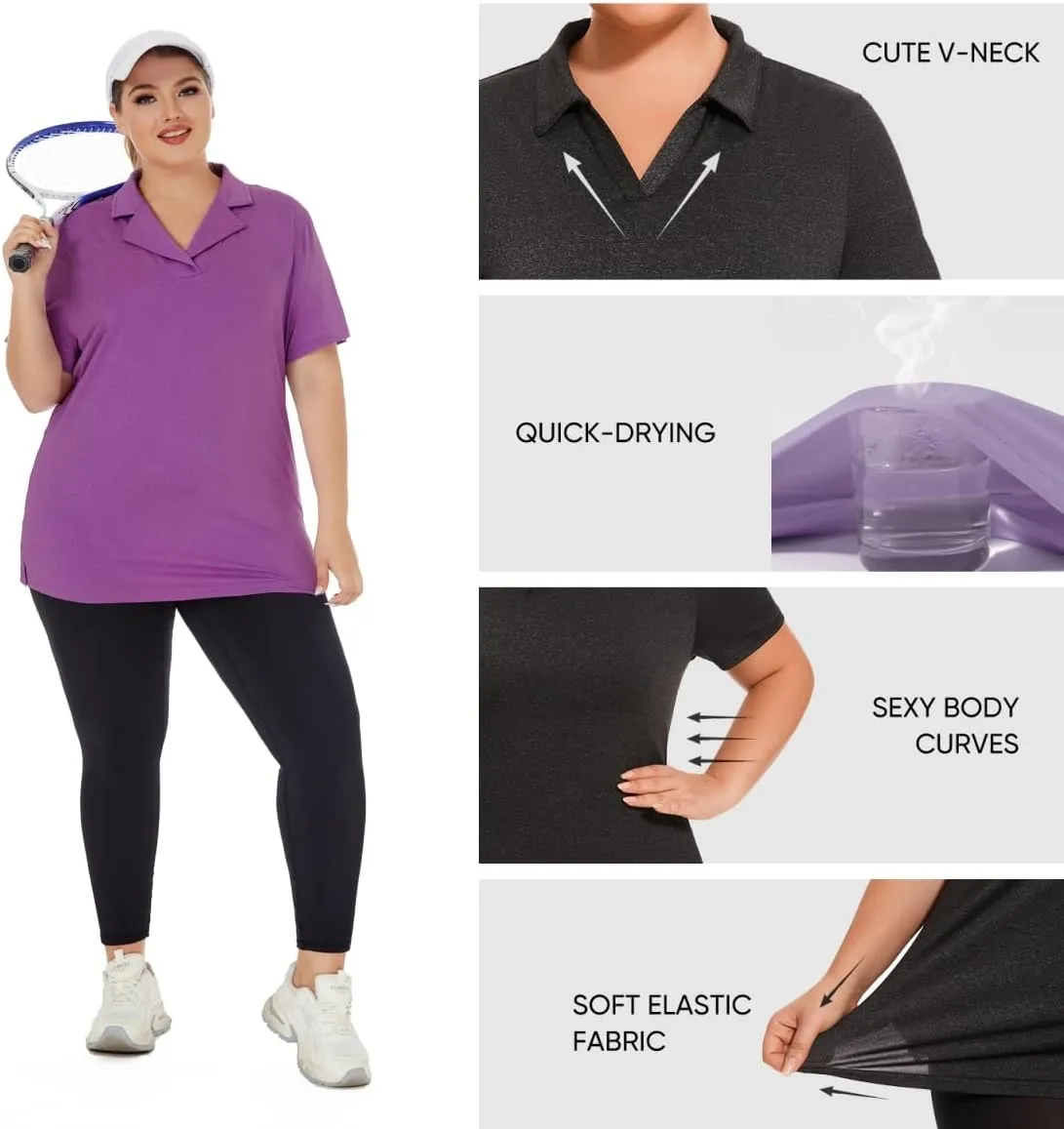 Plus Size Polo Shirts for Women Short Sleeve Golf Shirts V Neck Loose Fit Tennis Shirts Quick-Drying Workout Tops