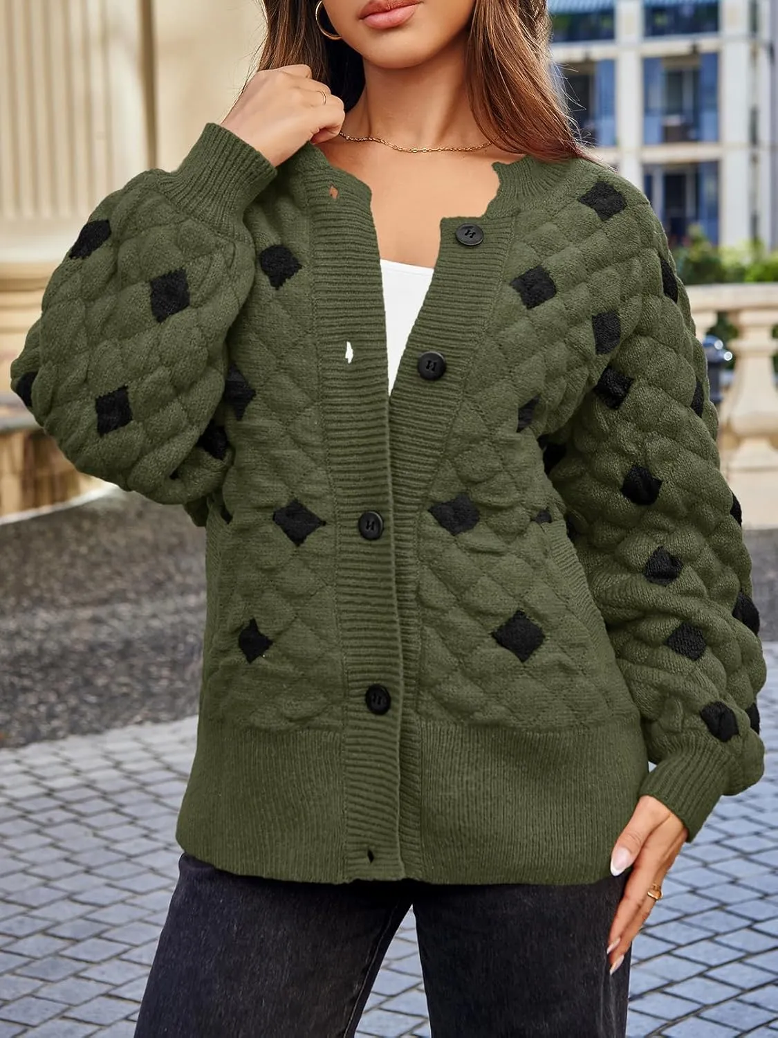Saodimallsu Womens Chunky Cardigans Button Down Long Sleeve Open Front Plaid Knit Loose Fall Sweater Coats