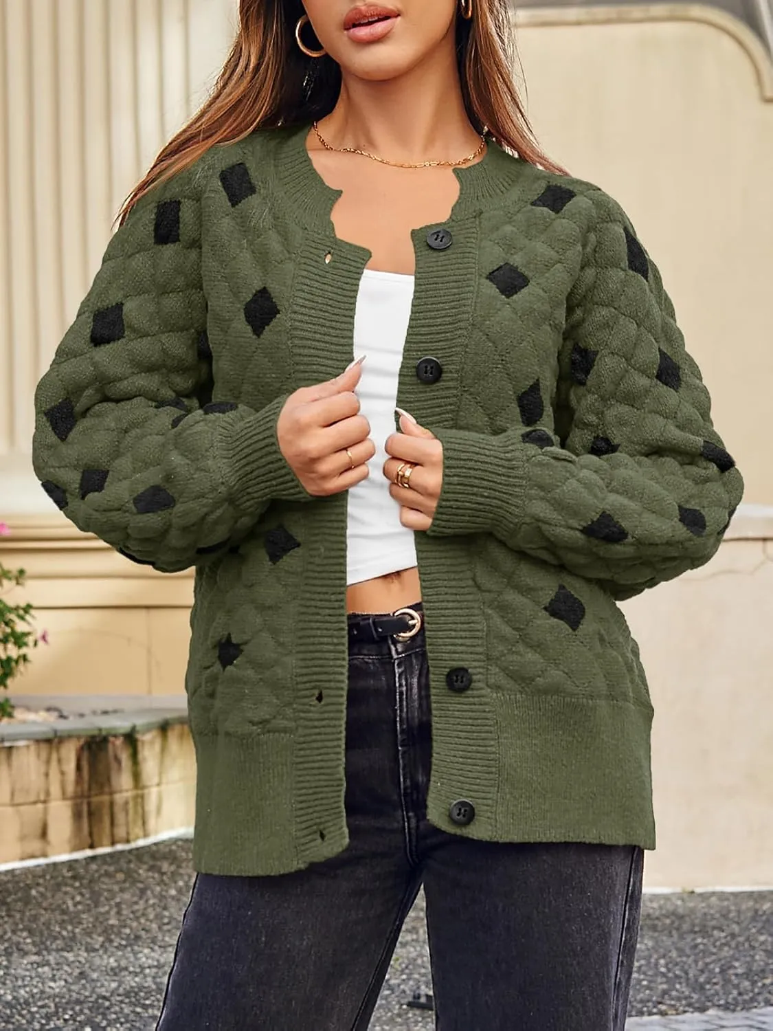 Saodimallsu Womens Chunky Cardigans Button Down Long Sleeve Open Front Plaid Knit Loose Fall Sweater Coats