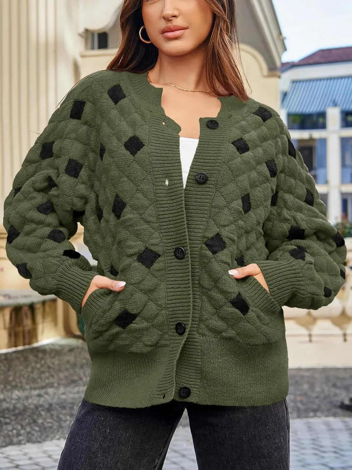 Saodimallsu Womens Chunky Cardigans Button Down Long Sleeve Open Front Plaid Knit Loose Fall Sweater Coats